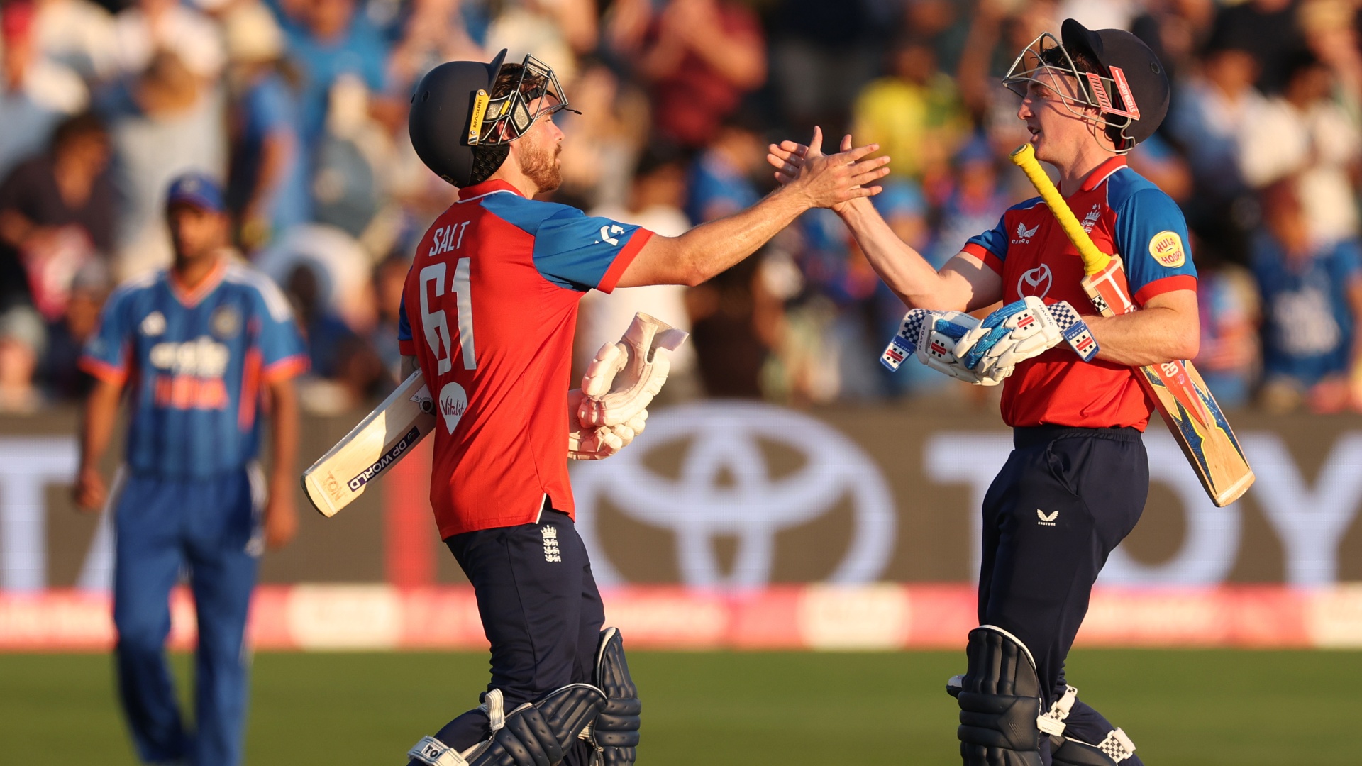 Phil Salt and Harry Brook celebrating during the England vs India 2026 T20I series