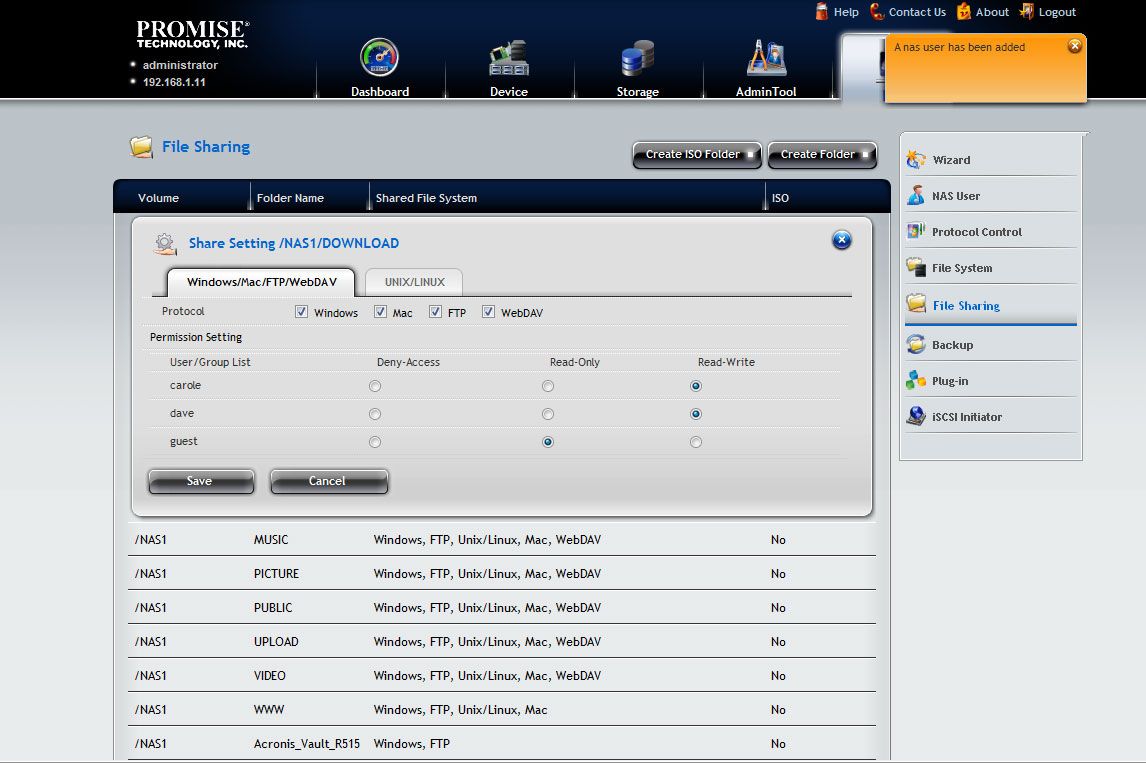 The NS4700 provides good client support and share access can be controlled with different user permissions.