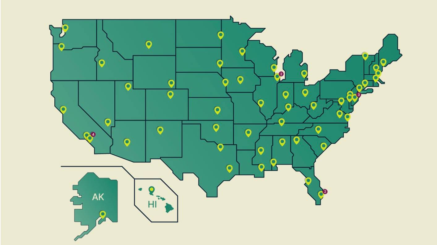 Map of US ExpressVPN locations, showing markers in all 50 states