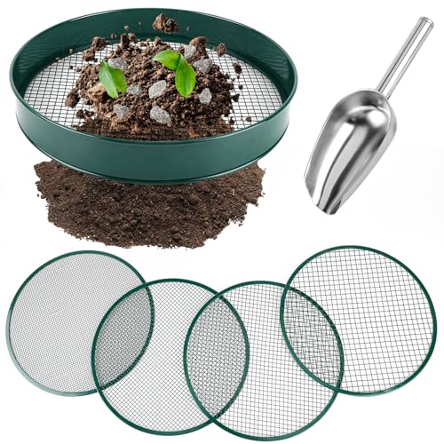 Ucandy Soil Sifter for Gardening, 12" Green Soil Sifter Potting Sieve With Shovel and 4 Fine Screens for Sand Dirt, Sand, Rock, Filtration, Compost and Bonsai (5 In1)