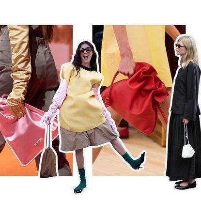 spring 2026 pouch bag trend at Prada and Loewe runway and at Milan and Copenhagen fashion week