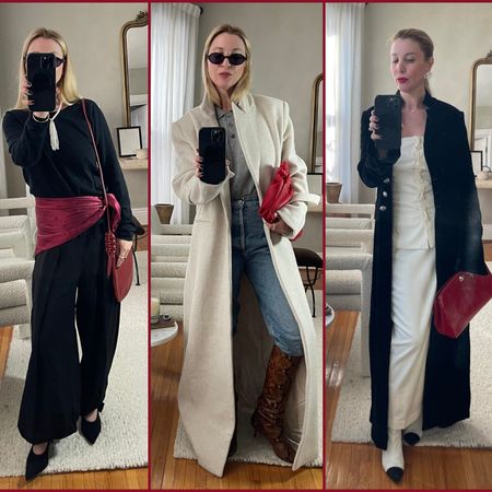 a collage of Kerry Pieri wearing different outfits featuring red handbags