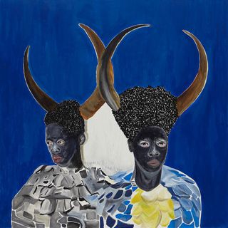 Painting by Zanele Muholi called " Zibuyile, 2021" ddresses the Zulu tradition of dowry (or ‘lobola’) in which the bride is treated as an asset, exchanged for cattle or cash.