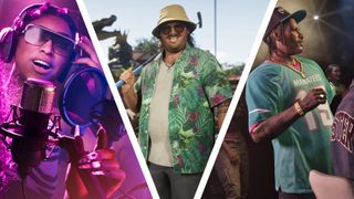 GTA 6 characters side by side. A woman sings into a microphone, a man stands in a backyard, and another man stands in a recording studio.
