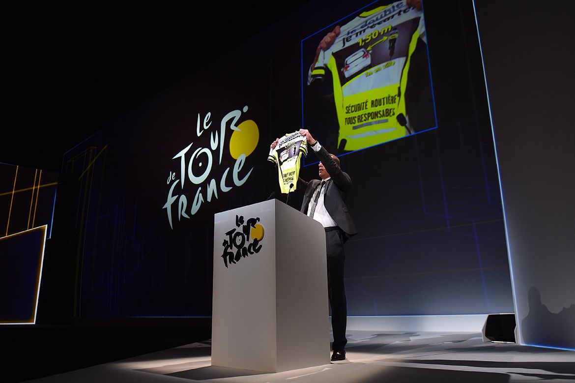 Christian Prudhomme makes an appeal for cyclist safety during the 2018 Tour de France route presentation.