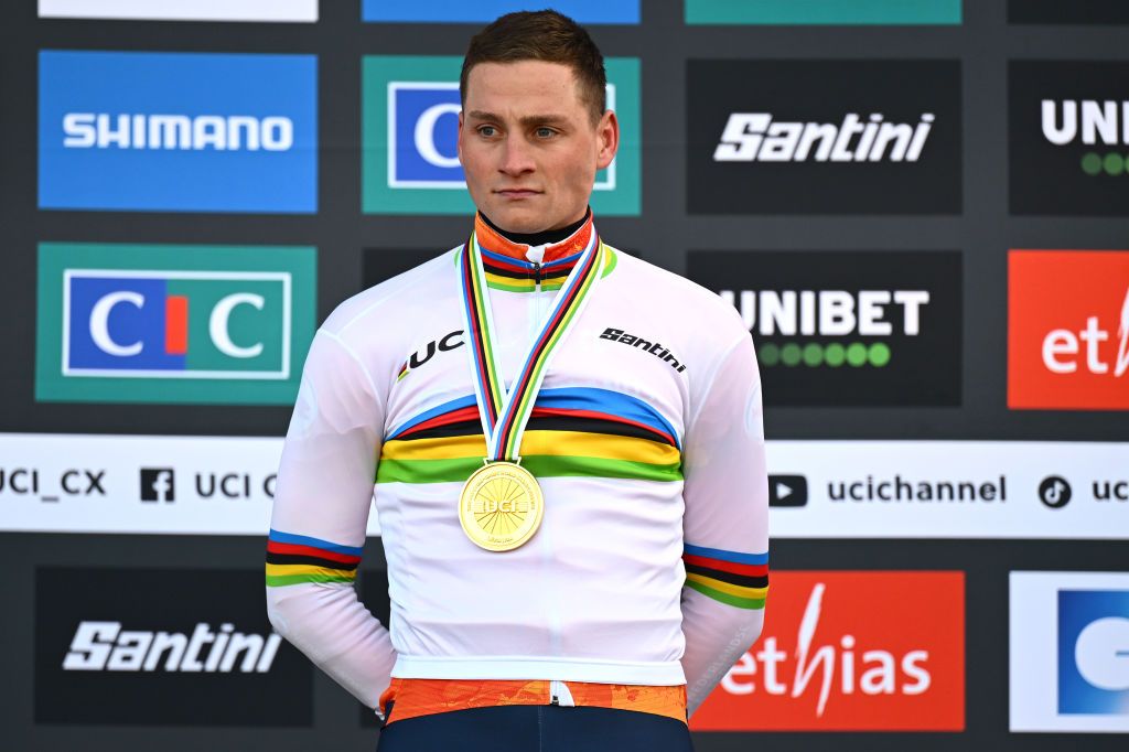 LIEVIN FRANCE FEBRUARY 02 Gold medalist Mathieu Van Der Poel of Netherlands celebrates winning during the medal ceremony after the 76th UCI CycloCross World Championships 2025 Mens Elite on February 02 2025 in Lievin France Photo by Luc ClaessenGetty Images