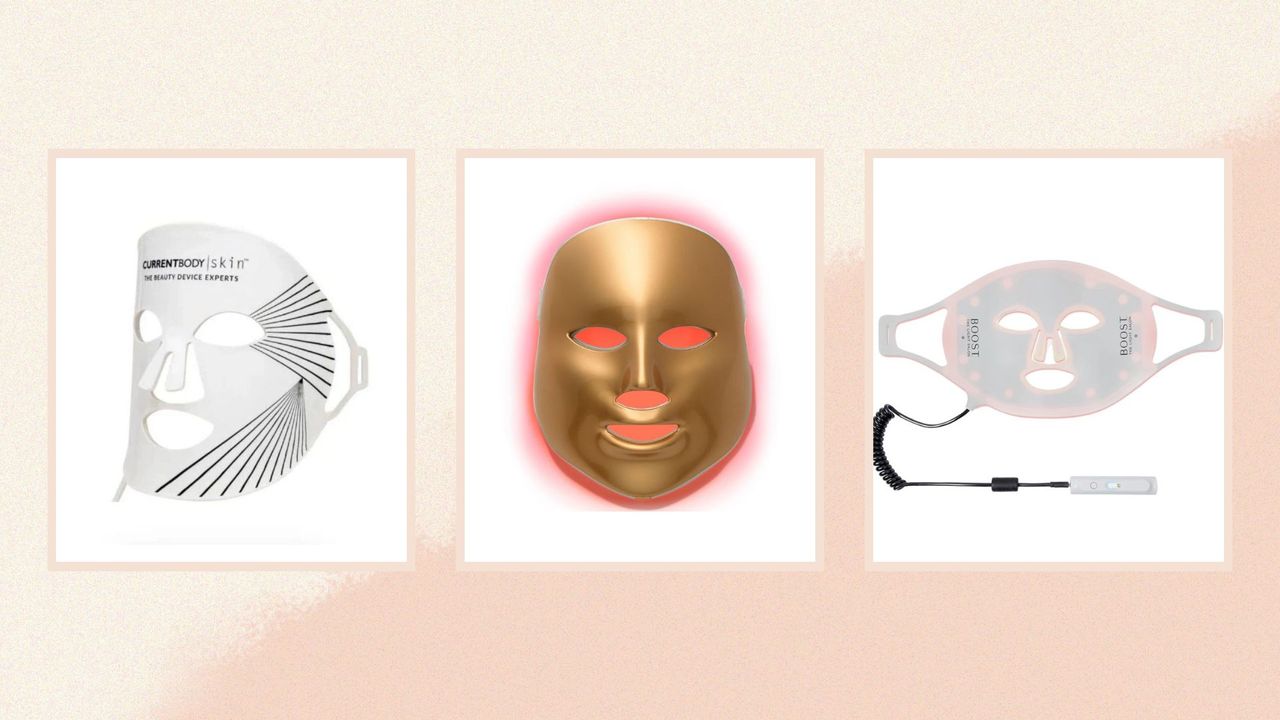 Currentbody LED face mask, MZ SKIN Light Therapy Golden Facial Treatment Device and The Light Salon Boost LED Face Mask on a peach background