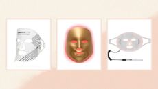 Currentbody LED mask, MZ SKIN Light Therapy Golden Facial Treatment Device and The Light Salon Boost LED Face Mask on a peach background