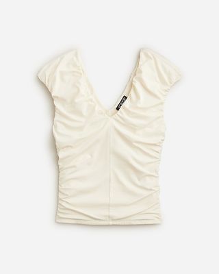 Ruched V-Neck Top in Stretch Cotton Blend