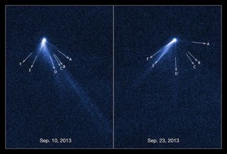 This labeled view of asteroid P/2013 P5 shows clearly how its appearance changed in the course of just 13 days.