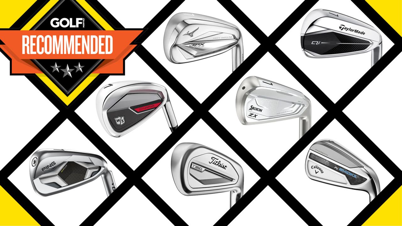 An array of different golf irons on a grid system