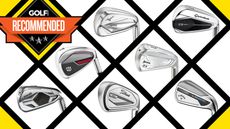 An array of different golf irons on a grid system