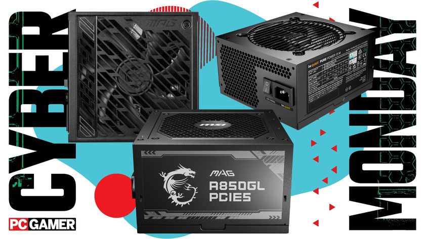 Three gaming PC power supplies on a Cyber Monday background