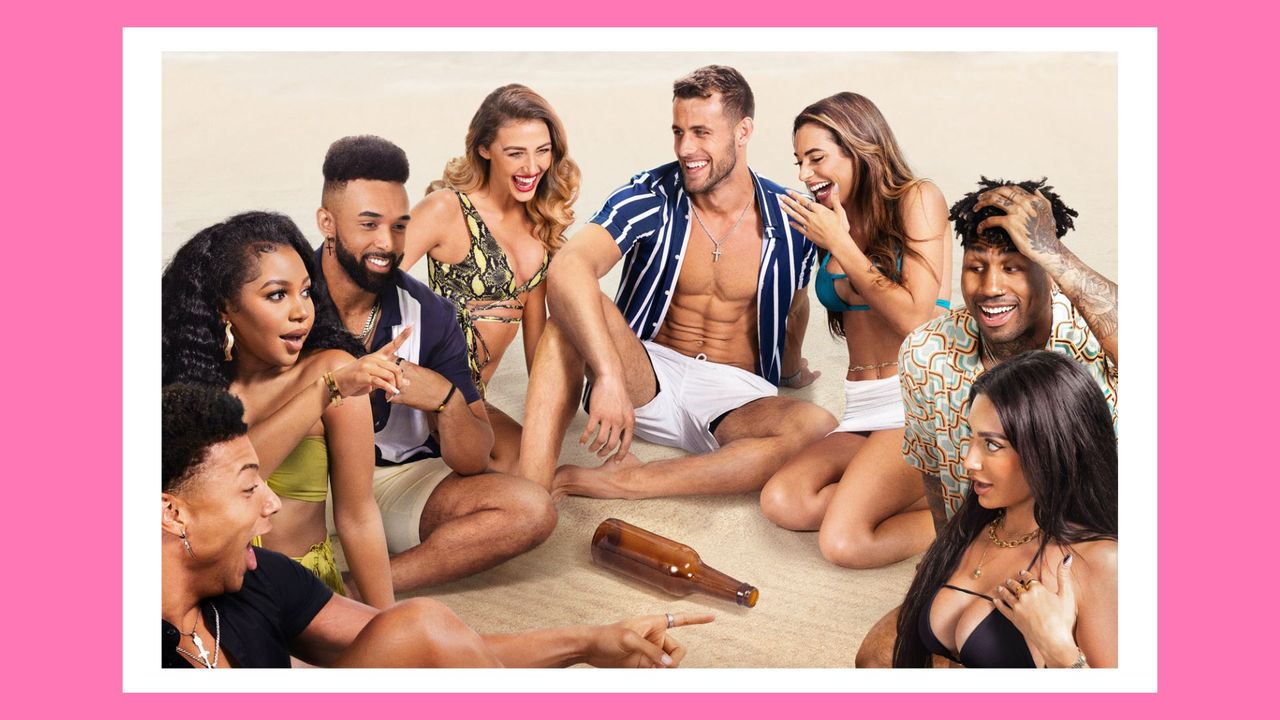 the cast of perfect match, netflix&#039;s new dating show, on the beach on a pink background