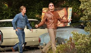 Once Upon A Time In Hollywood with Brad Pitt and Leonardo DiCaprio in a driveway.