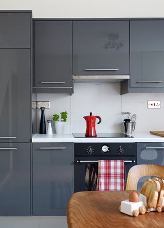 grey gloss kitchen with wooden table