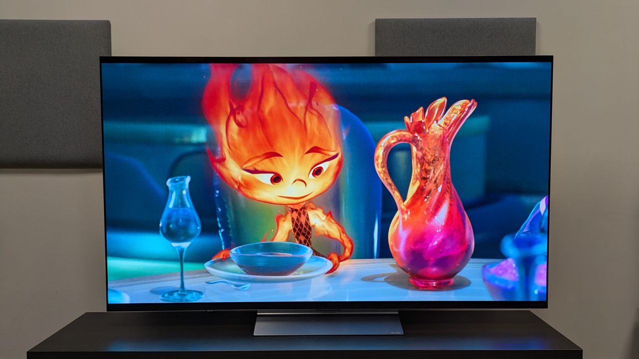 The LG C6 OLED TV with Elemental on screen, showing Ember by a colorful vase. This shot shows the C6's vibrant, refined colors which also look accurate