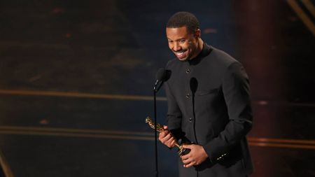 Michael B. Jordan accepting the Best Actor Oscar for Sinners