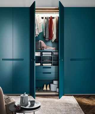 Bedroom with custom wardrobes in blue