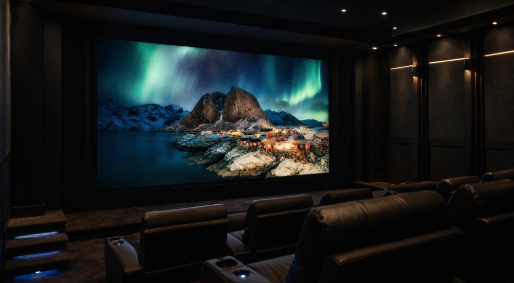 A Barco Residential Runar video wall in a dark home cinema setup displaying a northern scene with the aurora borealis in the sky