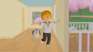 To a T protagonist Teen and their dog running through an upstairs hallway with their hands outstretched