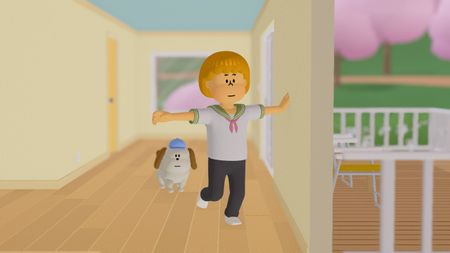 To a T protagonist Teen and their dog running through an upstairs hallway with their hands outstretched