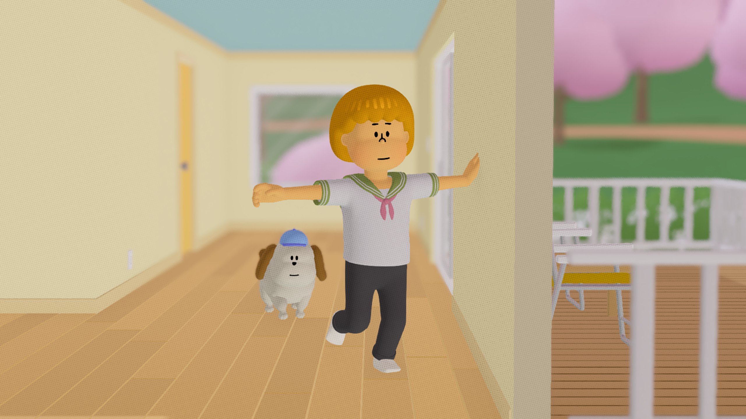 To a T protagonist Teen and their dog running through an upstairs hallway with their hands outstretched