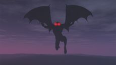 Luna Moth concept image showing cartoon mothman figure with red eyes and wings hovering against the night sky.