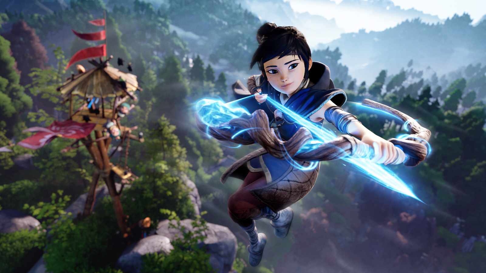 Art of a girl leaping and firing a magic arrow