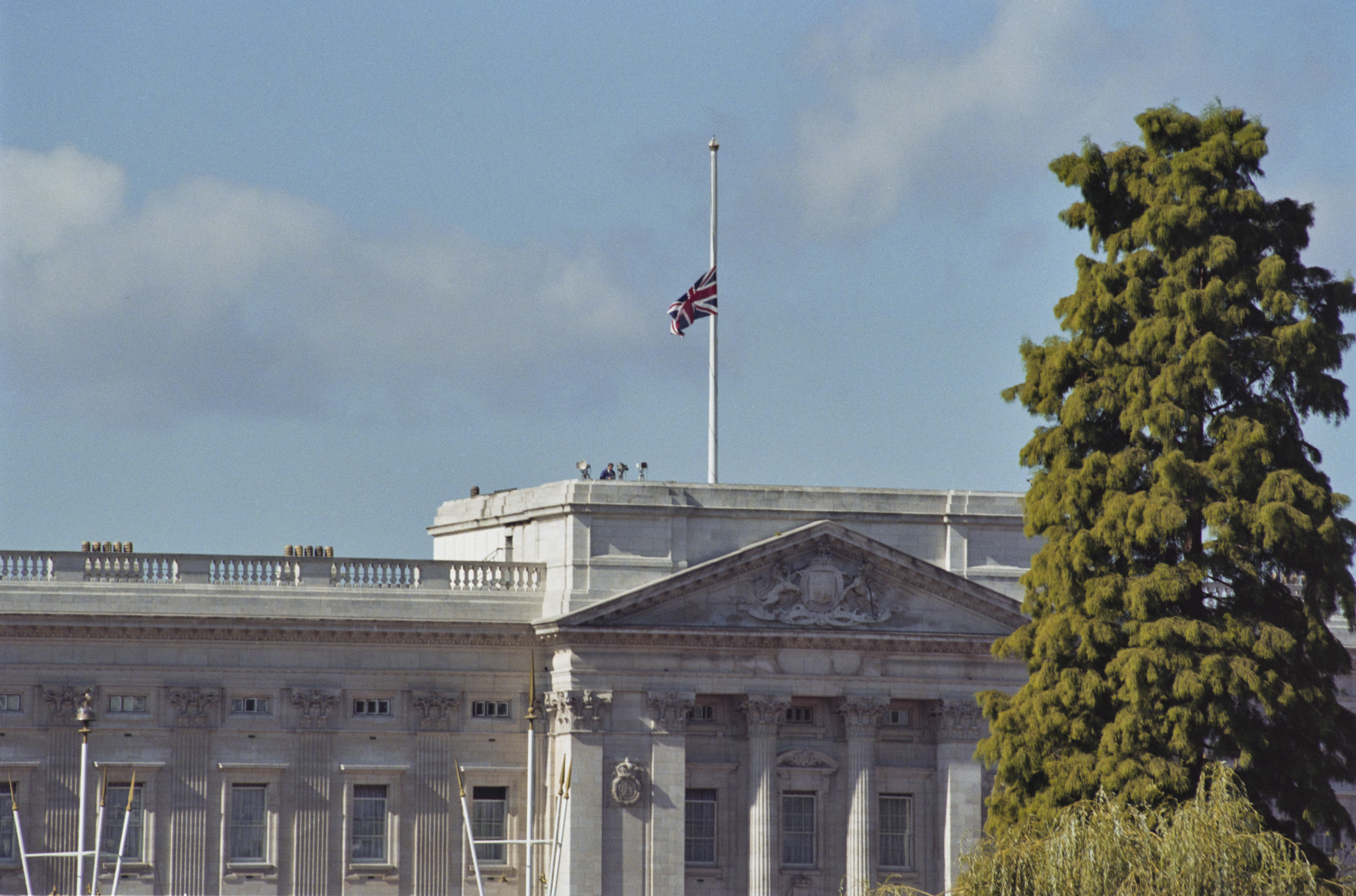 A Union Jack flying at half mast above Buckingham Palace after Princess Diana's death
