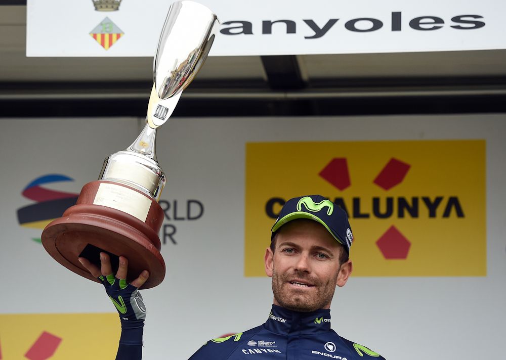Jose Rojas on the stage 2 podium at Volta a Catalunya