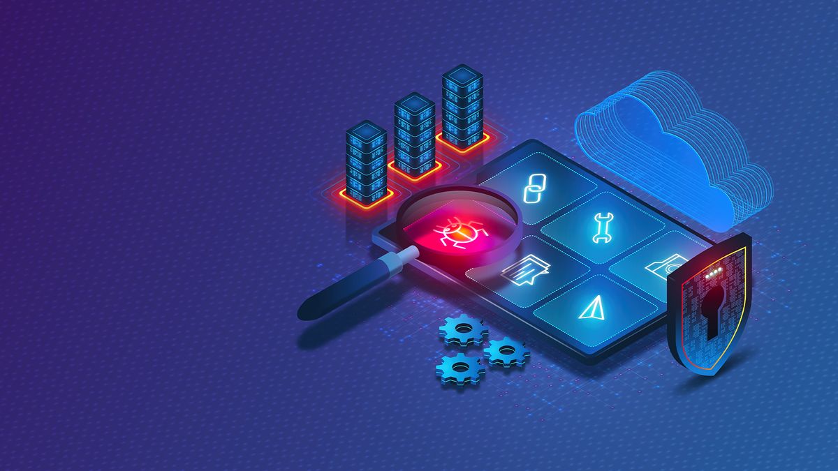 Application security testing concept image showing magnifying glass highlighting SQL injection flaws and software bugs.