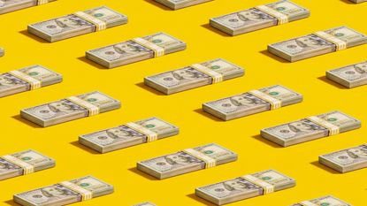 Stacks of $100 bills are lined up against a bright yellow background.
