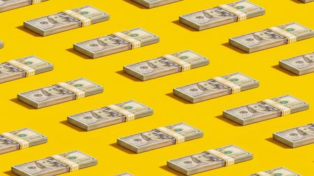 Stacks of $100 bills are lined up against a bright yellow background.