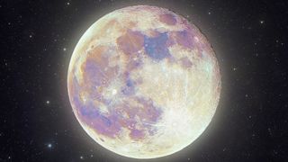 a pink full moon in a black starry sky