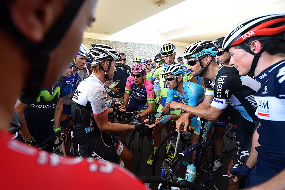 Fabian Cancellara (Trek Factory Racing) leads a discussion about the stage cancellation