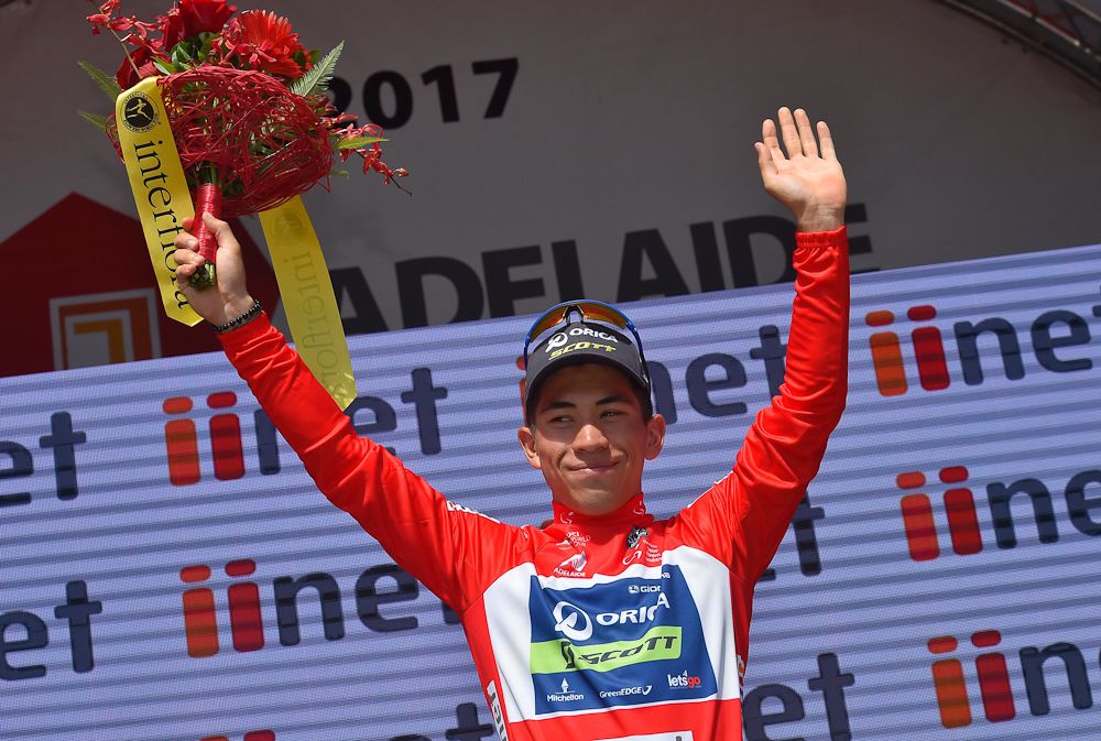caleb Ewan on the stage 4 podium at the tour Down under