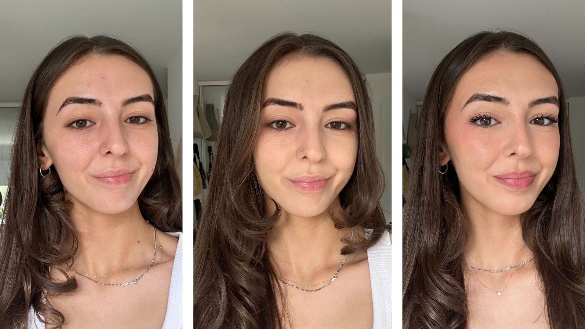 Sennen before applying foundation on the left, Sennen wearing the Dior Backstage Face and Body Foundation on its own in the middle and Sennen after completed makeup routine on the right