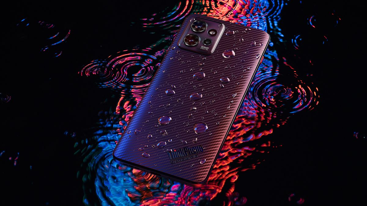 ThinkPhone by Motorola press image red blue raindrops