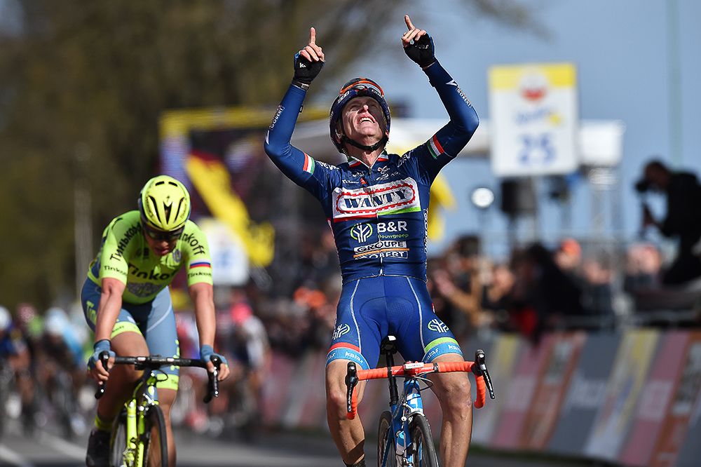 Enrico Gasparotto celebrates winning the 2016 Amstel Gold Race