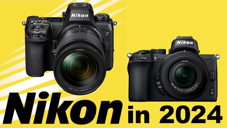 Nikon in 2024 with Nikon Z6 III and Z50 II cameras superimposed on yellow background 