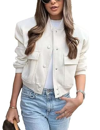 Megfie Womens Cropped Bomber Jacket Button Down Varsity Jackets Shackets With Pockets(0394-Beige-L)