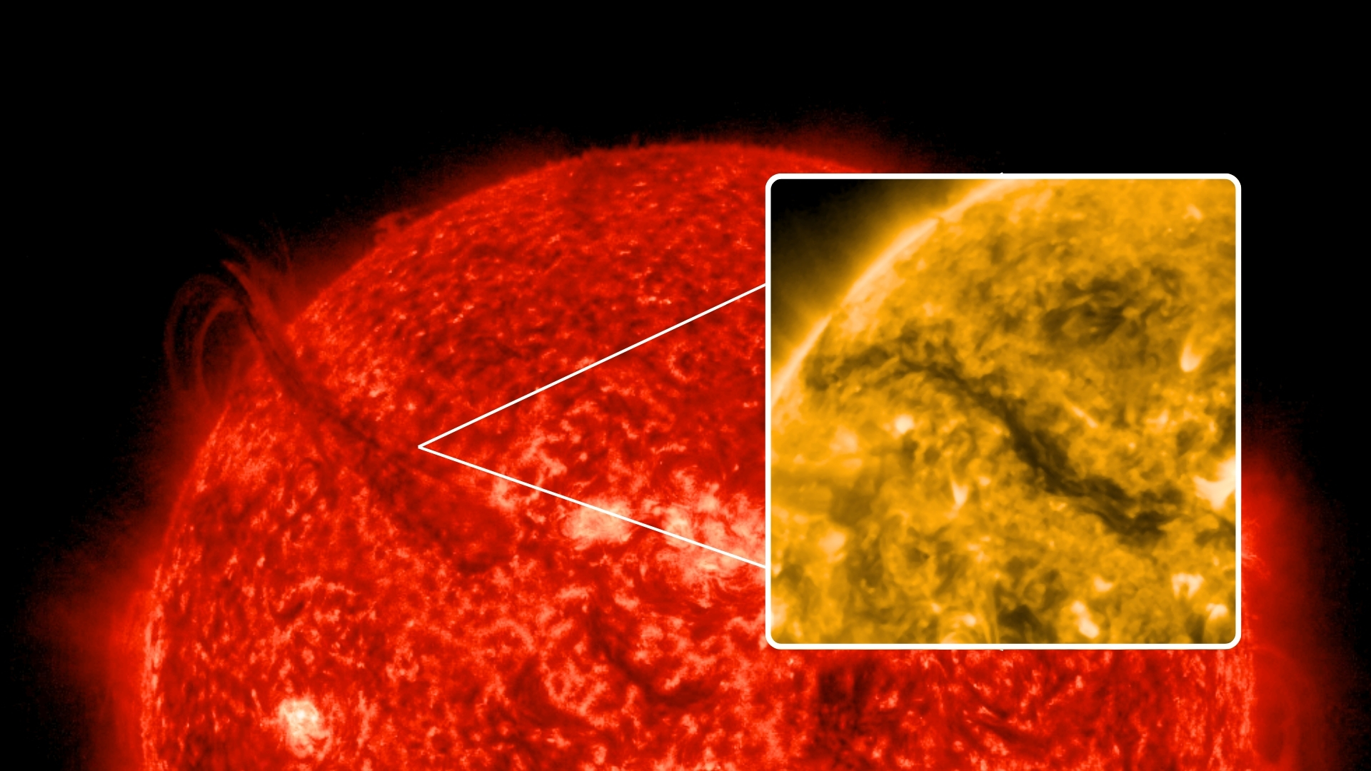 image showing a large filament eruption and an inset image showing the large canyon left behind from the outburst.
