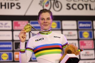 World championships: Lotte Kopecky celebrates with her gold medal from the points race in Glasgow