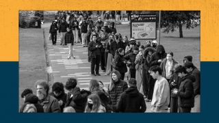 Staff and students queue to receive antibiotics at the University of Kent in Canterbury on March 16, 2026. 
