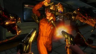 The player attacks an enemy with the Darkness II's snake arms.