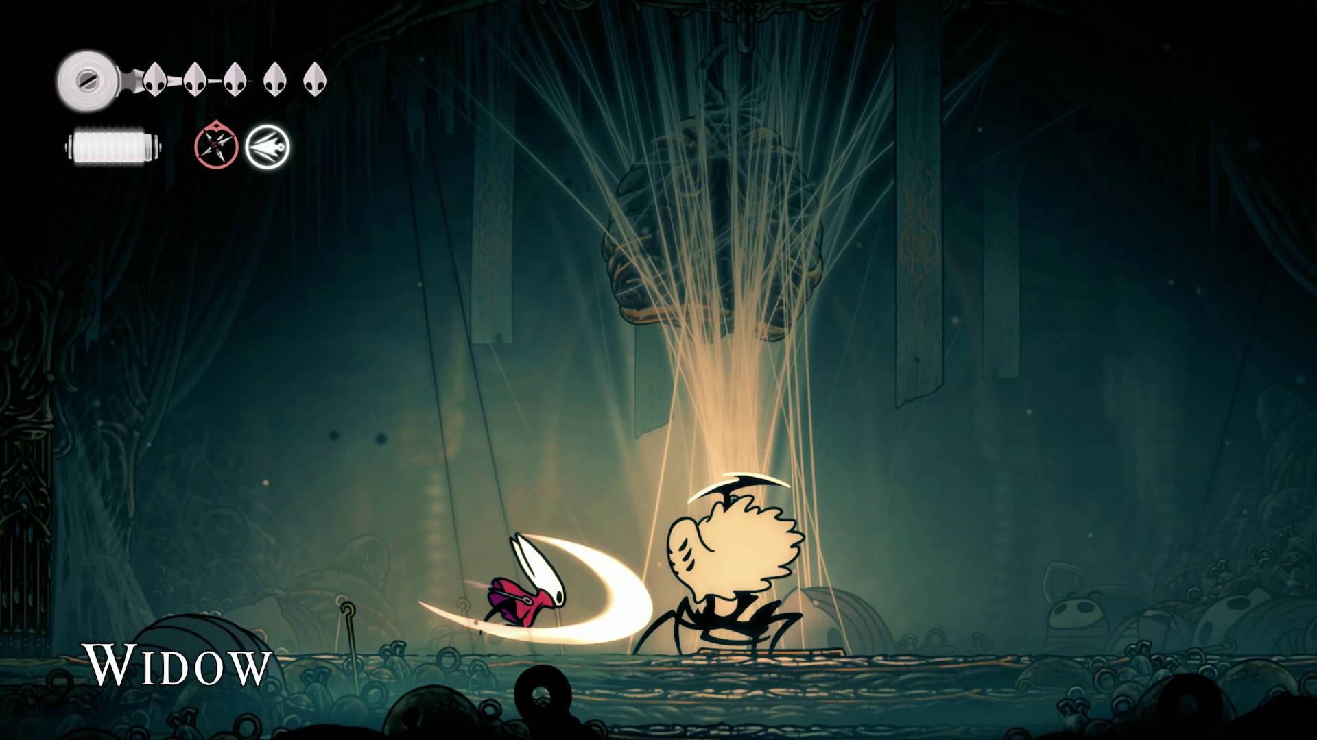 Hollow Knight Silksong Widow boss Hornet attacking Widow