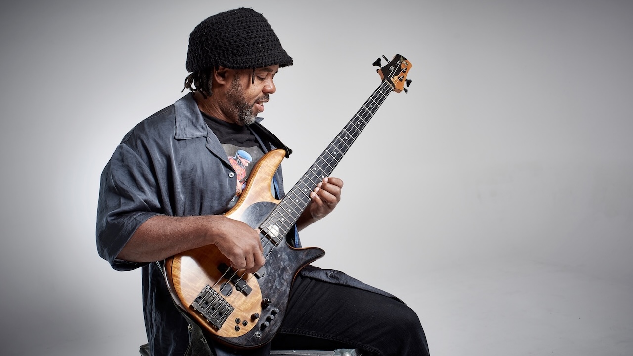 Portrait of American musician Victor Wooten photographed with his Fodera Monarch bass guitar in Bath, England, on June 28, 2016.