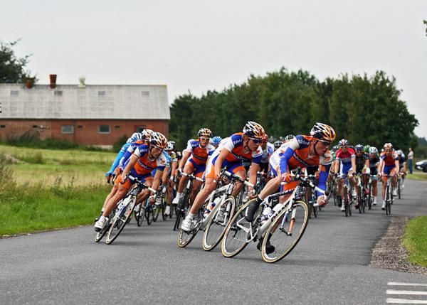 Rabobank rides at the head of the peloton.