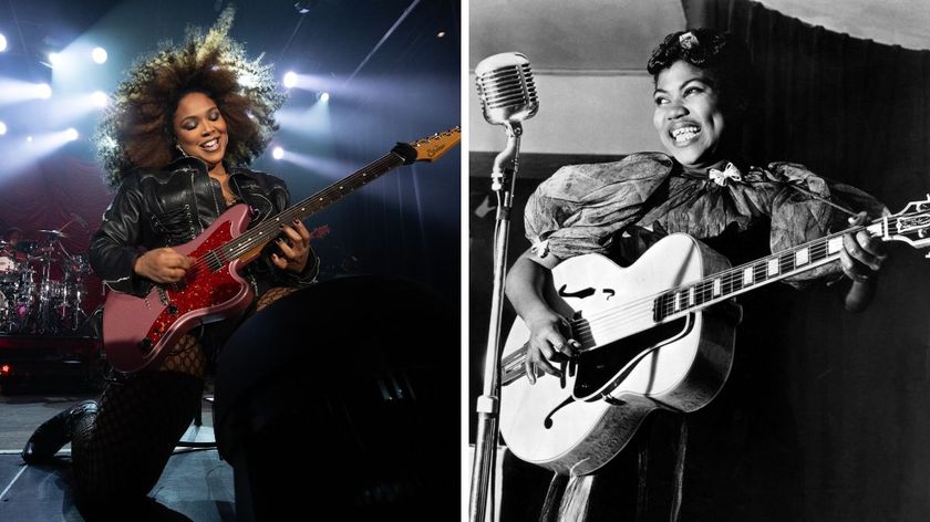 Left-Lizzo playing guitar while performing in concert at Irving Plaza on March 16, 2025 in New York City; Right-Sister Rosetta Tharpe singing and playing a Gibson L-5 guitar onstage at Cafe Society Downtown, New York City, 11th December 1940